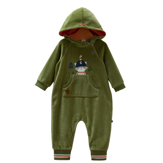 8391 Caramell Baby Boy Jumpsuit with Hood & Pocket – Cat Print | Sizes 3–18 Months | Made in Turkey | Cotton