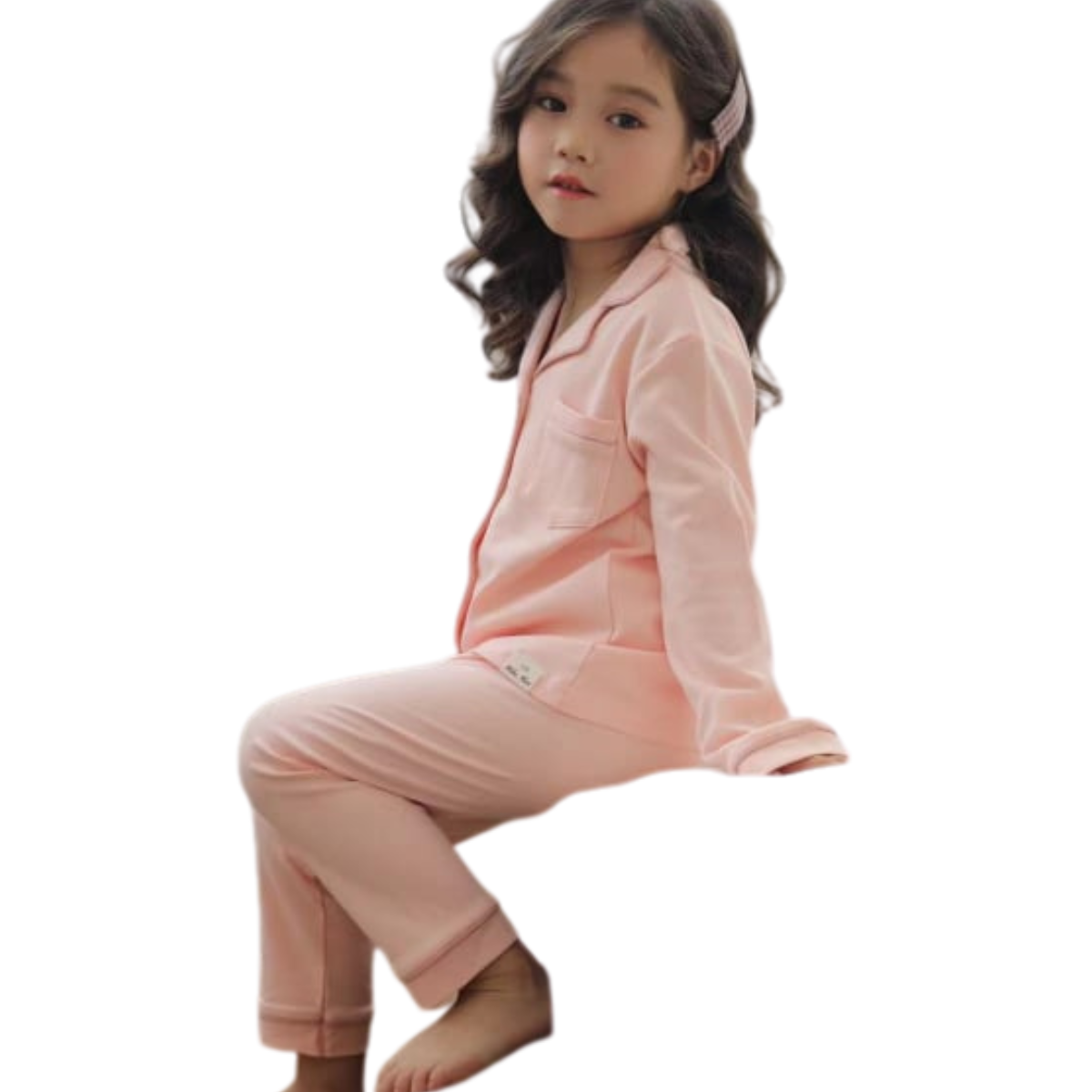 3019 Girls' Mid-Season Pajama Set – Solid Color Cotton Long Sleeve Button-Up Top & Pants | Sizes 110–134 cm