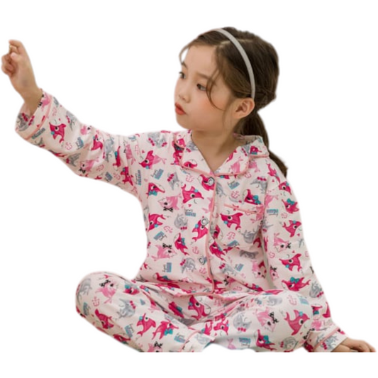 3043 Girls' Mid-Season Pajama Set – Cotton Long Sleeve Button-Up Top & Pants with Cute Dolphin Print | Sizes 90–134 cm