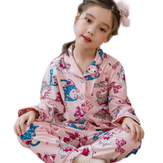 3025 Girls' Mid-Season Pajama Set – Cotton Long Sleeve Button-Up Top & Pants with Cute Kitten Print | Sizes 90–130 cm