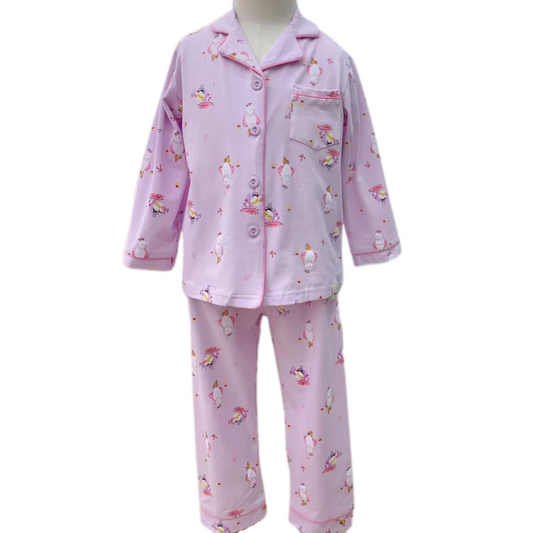 3062 Girls' Mid-Season Pajama Set – Cotton Long Sleeve Button-Up Top & Pants with Cute Bird Print | Sizes 90–140 cm