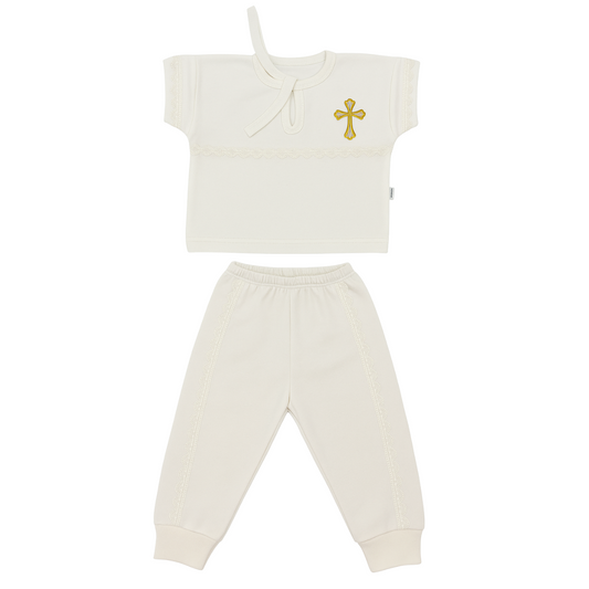 🕊 Christening Set for Boys and Girls | White with Silver Cross & Ivory with Gold Cross | 100% Cotton | Lace | Ages 0–12M