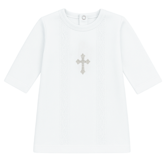 🕊 White Christening Shirt with Long Sleeves & Rhinestone Cross | Baby Baptism Gown | Cotton & Lace | Unisex | Ages 0–4 Years