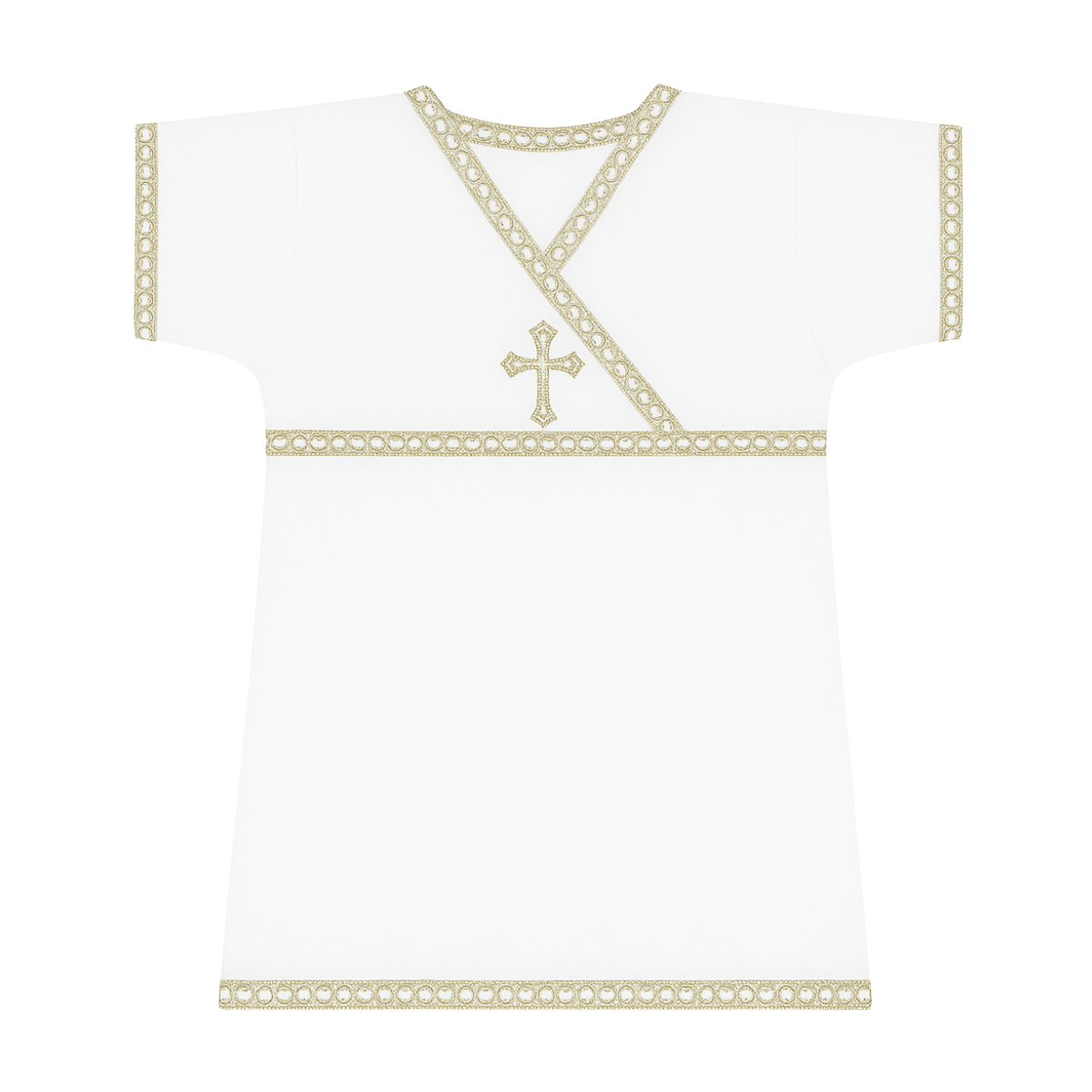 White Christening Shirt for Boys & Girls | Short Sleeve | Gold Cross & Gold Lace | Cotton Knit or Linen | Baby Baptism Gown 0–12M