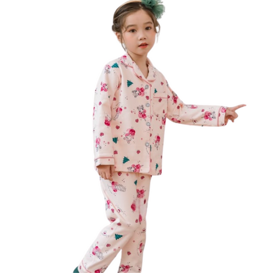 3037 Girls' Mid-Season Pajama Set – Cotton Long Sleeve Button-Up Top & Pants with Princess & Tree Print | Sizes 90–130 cm