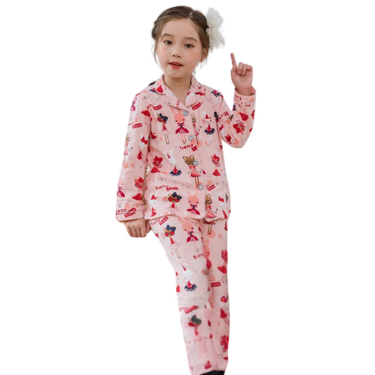 3023 Girls' Mid-Season Pajama Set – Cotton Long Sleeve Button-Up Top & Pants with Сat and Bunny Print| Sizes 110 cm