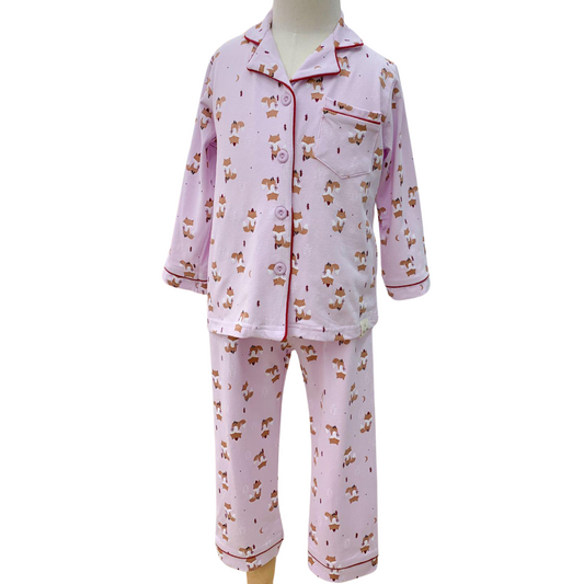 3063 Girls' Mid-Season Pajama Set – Cotton Long Sleeve Button-Up Top & Pants with Cute Fox Print | Sizes 90–140 cm