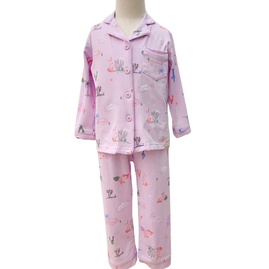 3065 Girls' Mid-Season Pajama Set – Cotton Long Sleeve Button-Up Top & Pants with Cute Bunny and Cactus Print | Sizes 90–140 cm