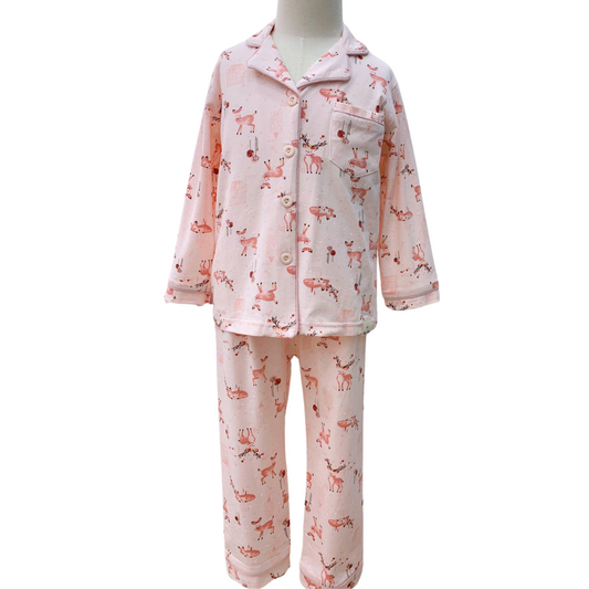 3066 Girls' Mid-Season Pajama Set – Cotton Long Sleeve Button-Up Top & Pants with Cute Baby Deer Print | Sizes 134 cm