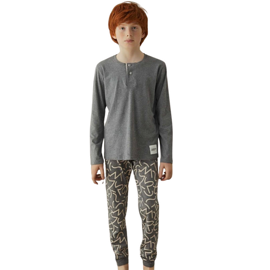 8486 ZEYZEY Boys’ Premium Cotton Pajama Set – Gray Long Sleeve Top & Abstract Print Jogger Pants | Sizes 104–140 cm | Made in Turkey