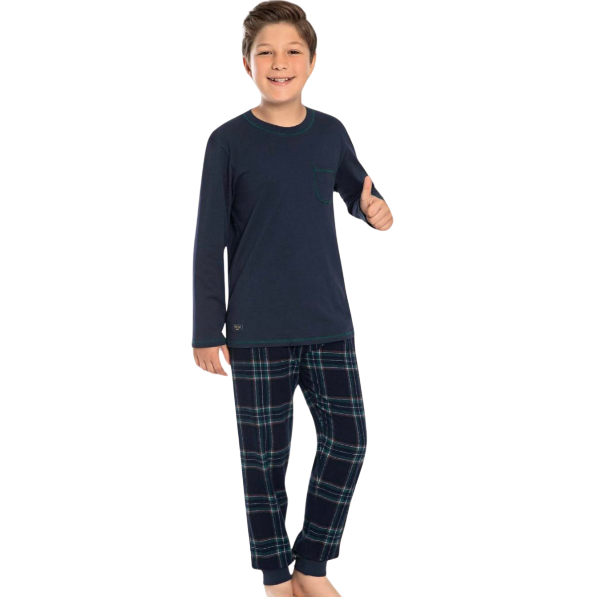 8488 ZEYZEY Boys’ Flannel Pajama Set – Navy Long Sleeve Top & Checkered Pants | Warm Winter Sleepwear | Sizes 104–128 cm | Made in Turkey
