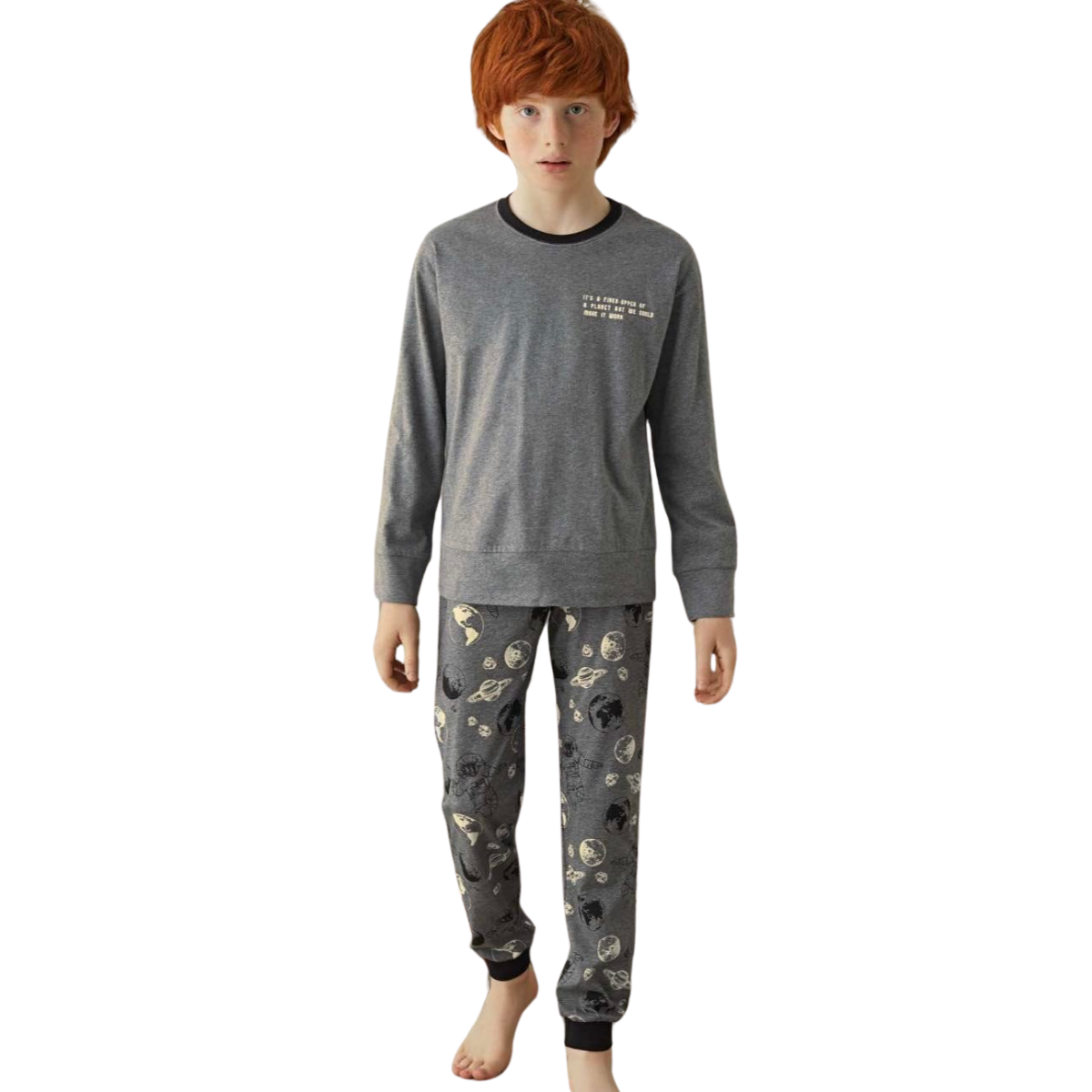 8458 ZEYZEY Premium Boys’ Pajama Set – Gray Long Sleeve Top & Space Print Jogger Pants | Sizes 104–140 cm | Made in Turkey