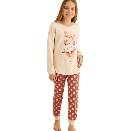 8442 ZEYZEY Premium Girls’ Pajama Set – Beige Bear Print Top & Polka Dot Pants | Sizes 164 cm | Made in Turkey