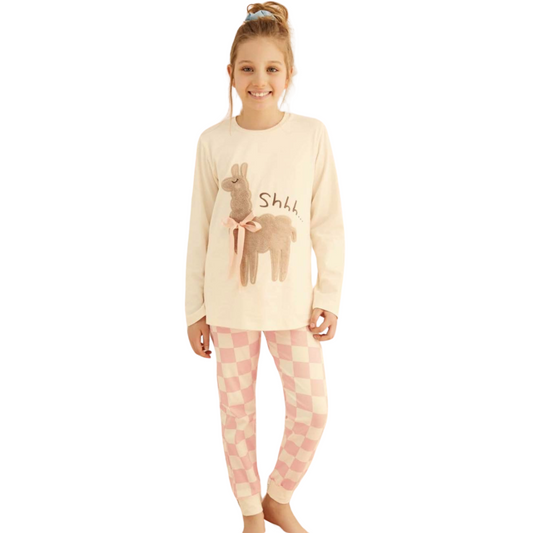 8453 ZEYZEY Premium Girls’ Pajama Set – Beige Llama Print Top & Pink Checkered Pants | Sizes 104–176 cm | Made in Turkey