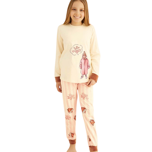 8465 ZEYZEY Premium Girls’ Winter Pajama Set – Beige “Hello Winter” Print Top & Striped Pants with Cozy Motifs | Sizes 104–176 cm | Made in Turkey