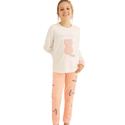 8462 ZEYZEY Premium Girls’ Pajama Set – Cream “Time to Dream” Cat Print Top & Peach Pants | Sizes 104–176 cm | Made in Turkey