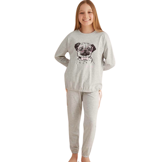 8469 ZEYZEY Premium Girls’ Pajama Set – Gray Long Sleeve Top with Pug Print & Matching Pants | Sizes 104–128 cm | Made in Turkey