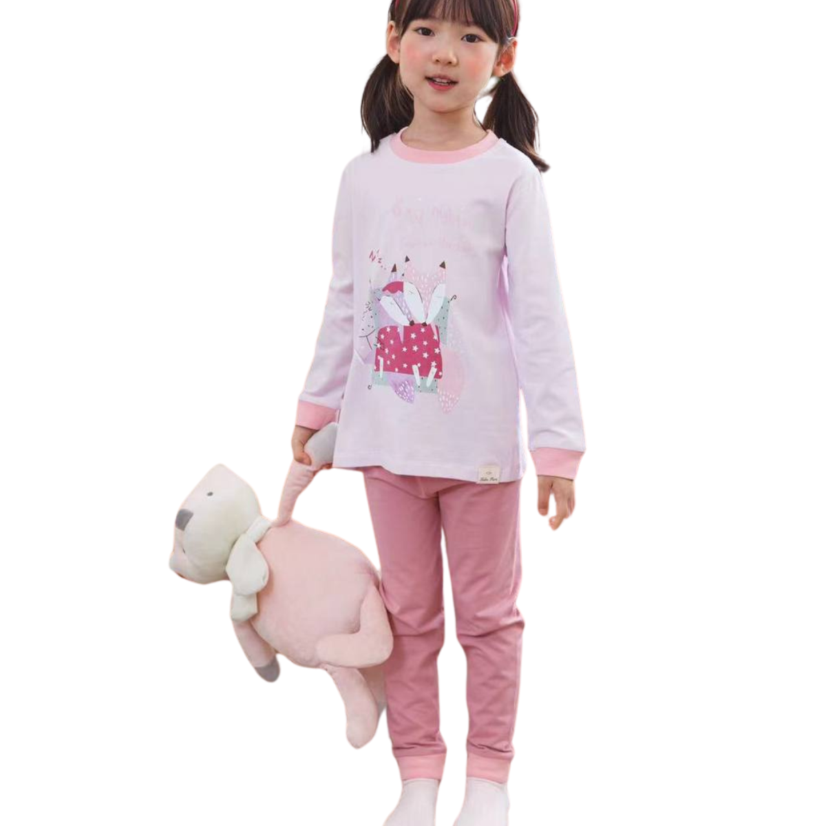 8025 Girls' Mid-Season Cotton Pajama Set with Fox Print – Long Sleeve Top & Pants Sleepwear | Sizes 90–146 cm