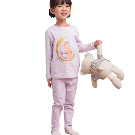 8024 Girls' Mid-Season Cotton Pajama Set with Fox Print – Long Sleeve Top & Pants Sleepwear | Sizes 90–146 cm