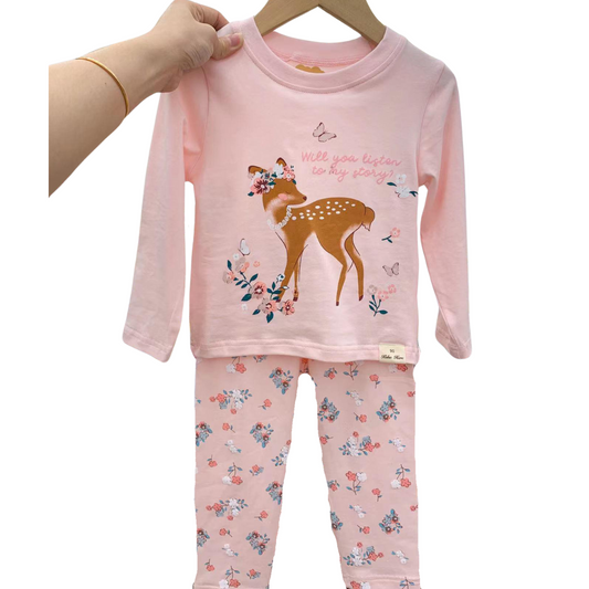 22010 Girls' Mid-Season Cotton Pajama Set with Baby Deer Print – Long Sleeve Top & Pants Sleepwear | Sizes 90–146 cm