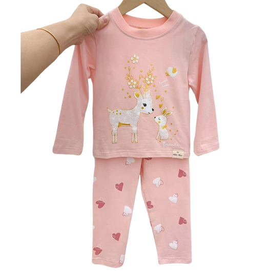 22014 Girls' Mid-Season Cotton Pajama Set with Mama & Baby Deer Print – Long Sleeve Top & Pants Sleepwear | Sizes 90–146 cm