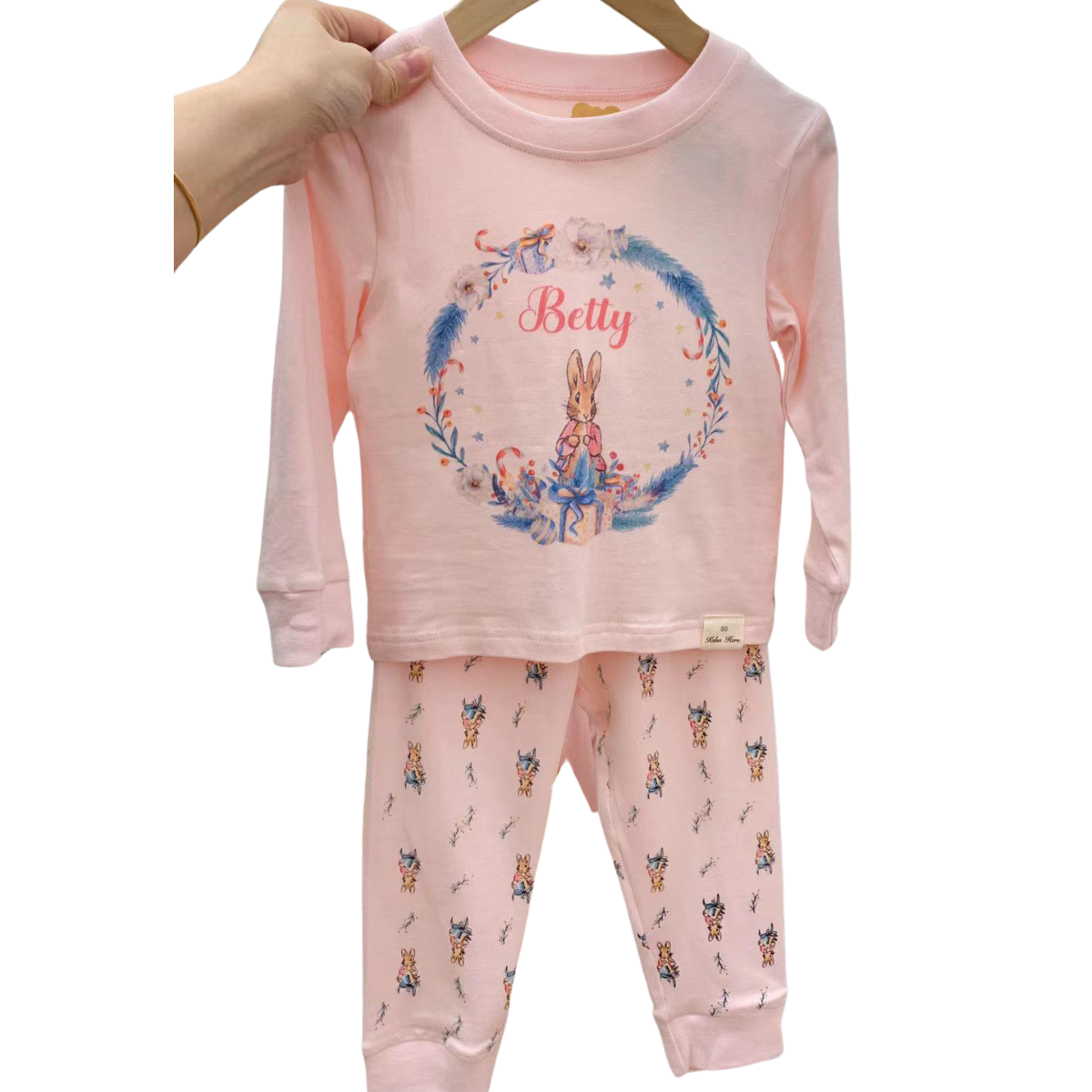 22017 Girls' Mid-Season Cotton Pajama Set with Bunny Print – Long Sleeve Top & Pants Sleepwear | Sizes 90–146 cm