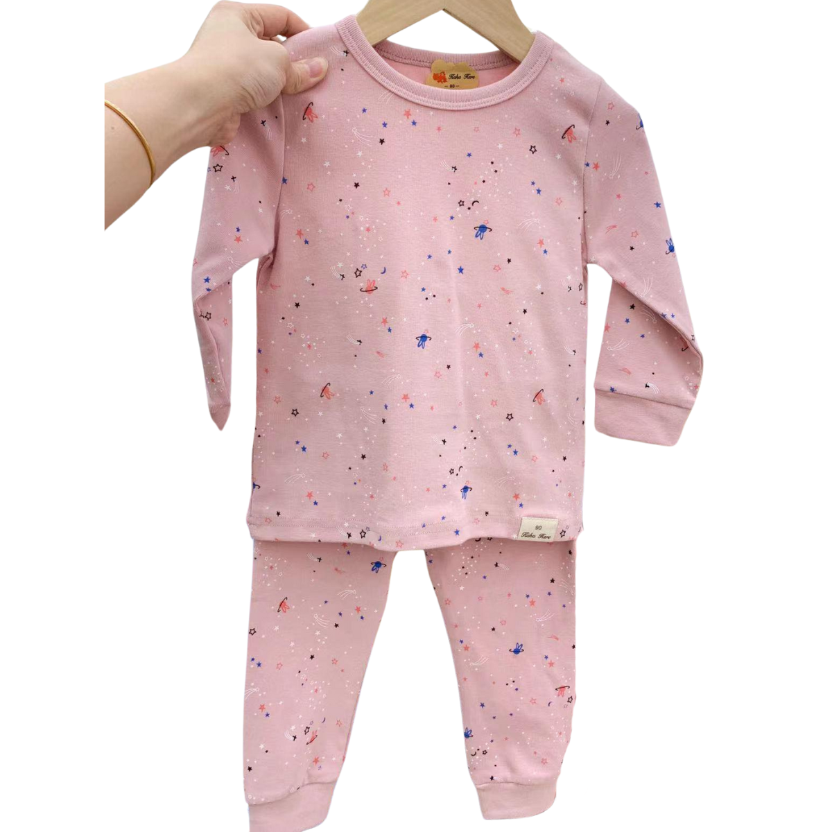 2840 Girls' Mid-Season Cotton Pajama Set with Stars Print – Long Sleeve Top & Pants Sleepwear | Sizes 90–120 cm