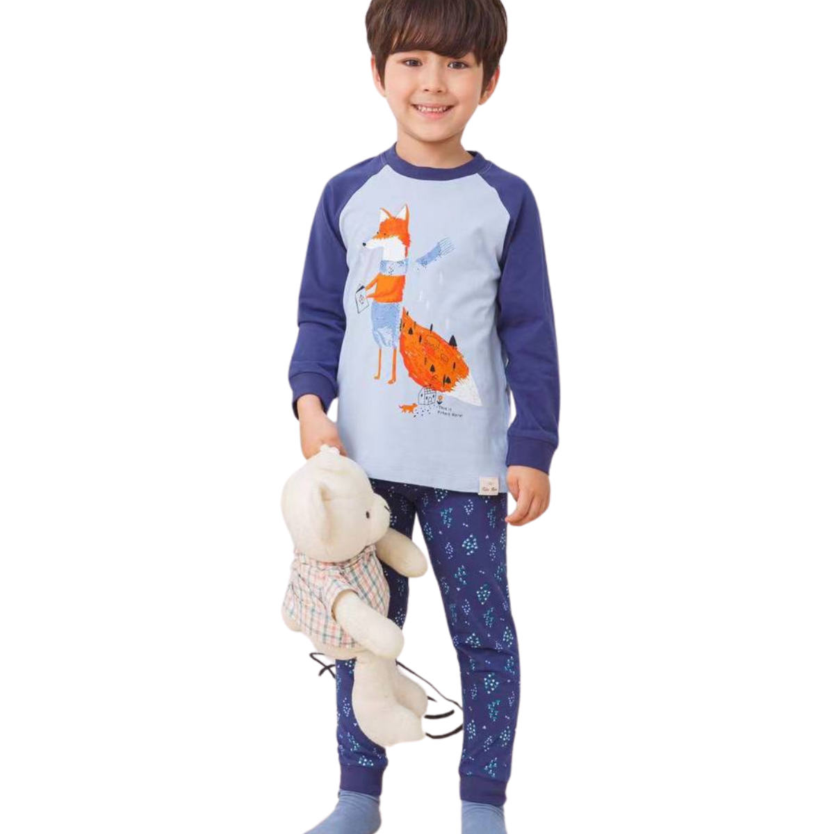 8015  Boys' Mid-Season Cotton Pajama Set with Fox Print – Long Sleeve Top & Pants Sleepwear | Sizes 90–146 cm