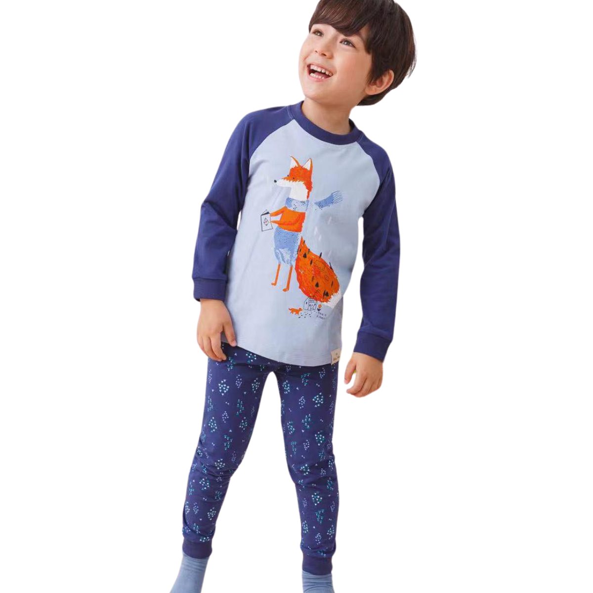 8015  Boys' Mid-Season Cotton Pajama Set with Fox Print – Long Sleeve Top & Pants Sleepwear | Sizes 90–146 cm