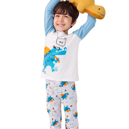 8018  Boys' Mid-Season Cotton Pajama Set with Cute Dinosaur Print – Long Sleeve Top & Pants Sleepwear | Sizes 134–146 cm