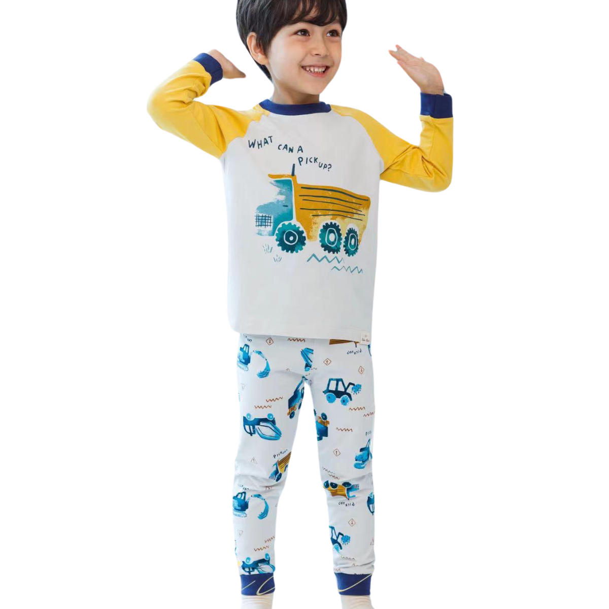 8005  Boys' Mid-Season Cotton Pajama Set with Yellow Dump Truck Print – Long Sleeve Top & Pants Sleepwear | Sizes 134–146 cm