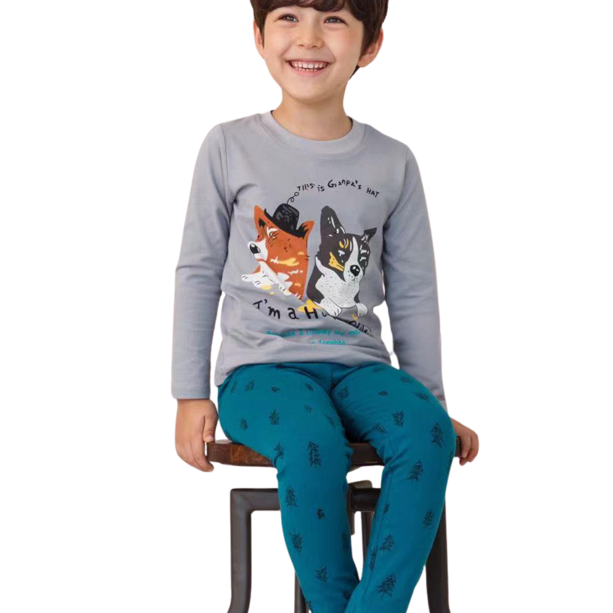 8001  Boys' Mid-Season Cotton Pajama Set with Cute Dogs Print – Long Sleeve Top & Pants Sleepwear | Sizes 134–146 cm
