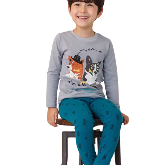8001  Boys' Mid-Season Cotton Pajama Set with Cute Dogs Print – Long Sleeve Top & Pants Sleepwear | Sizes 134–146 cm