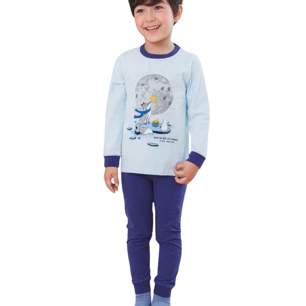 8009  Boys' Mid-Season Cotton Pajama Set with Moon & Fox Print – Long Sleeve Top & Pants Sleepwear | Sizes 134–140 cm