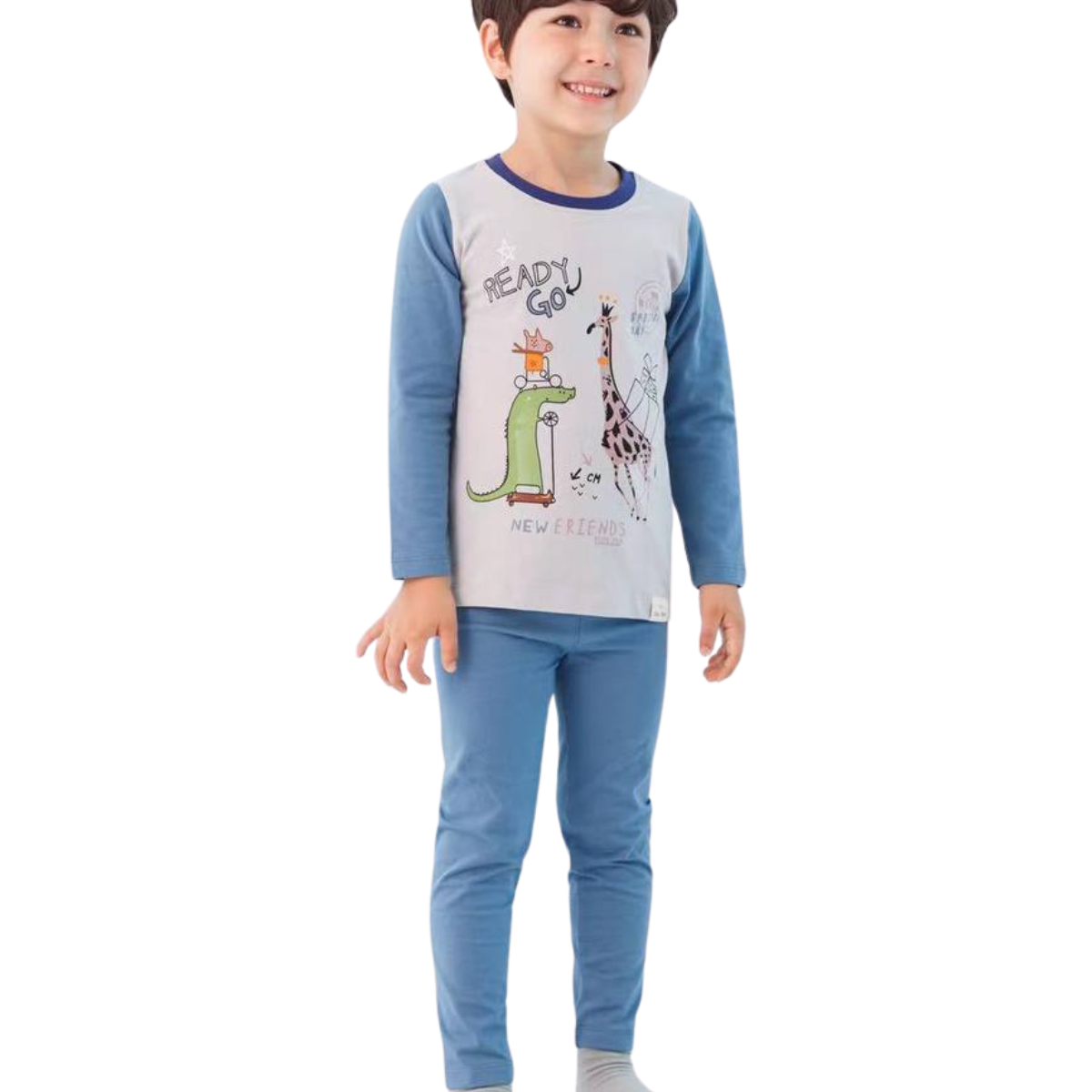 8014  Boys' Mid-Season Cotton Pajama Set with Giraffe & Crocodile Print – Long Sleeve Top & Pants Sleepwear | Sizes 140–146 cm