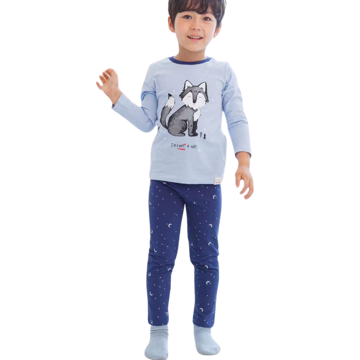 8006 Boys' Mid-Season Cotton Pajama Set with Wolf & Moon Print – Long Sleeve Top & Starry Pants | Sizes 134, 140 cm