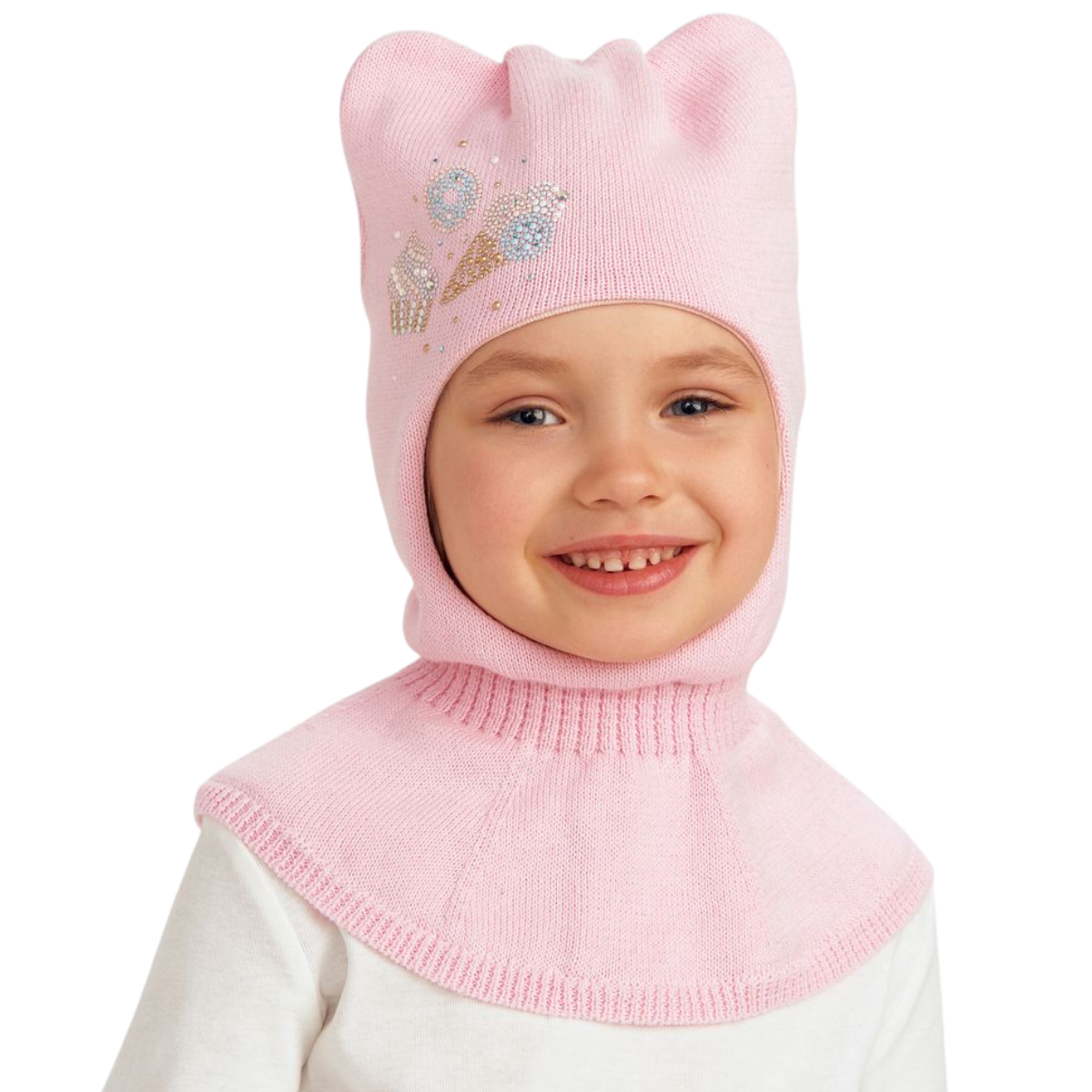 11755 Girls’ Knit Balaclava Hat – Sweet Treats Rhinestone Design | 100% Cotton Shell & Lining | Ages 2,4,6 Y | Spring/Fall Full-Coverage Hood