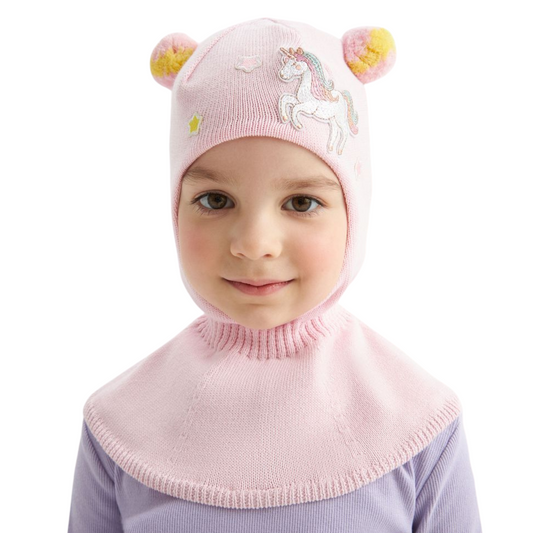 11724 Girls’ Knit Balaclava Hat – Unicorn & Star Patch Design with Pom-Poms | 100% Cotton Shell & Lining | Ages 2,4,6 Y | Spring/Fall Full-Coverage Hood