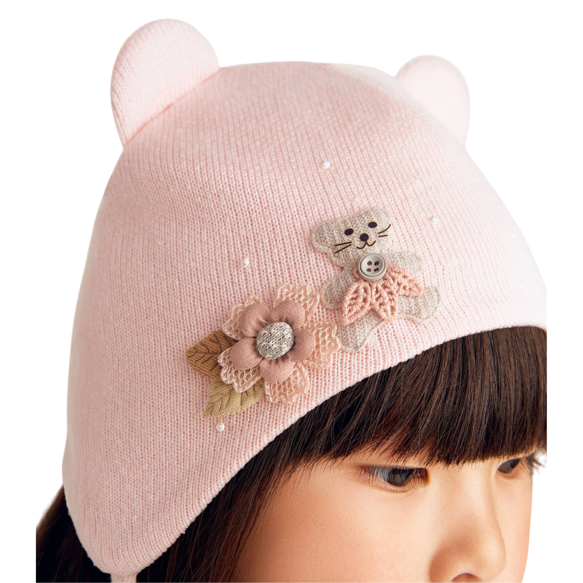 11721 Girls’ Cotton Tie Hat – 3D Bear & Floral Appliqué with Ears | 100% Cotton Inside & Out | Size 48-50 / 9-18 Months | Lightweight Spring/Fall Beanie with Ties