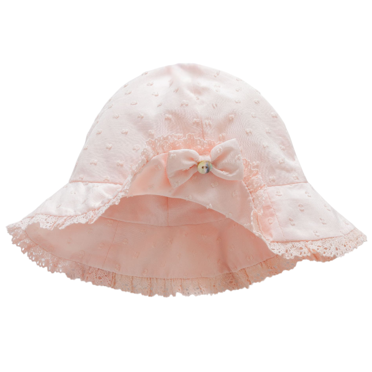 8857 Cotton Baby Sun Hat for Girls – Embroidered Lace Trim with Bow | Wide Brim | Lined | 100% Cotton Inside and Out | Sizes 0–12 Months | Caramell (Turkey)