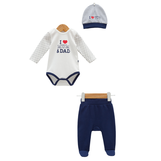7752 Baby Boy 100 % Cotton 3-Piece Set – "I ❤️ Mum & Dad" Bodysuit, Striped Pants & Knot Hat | Spring | 3-9 Months | Turkey