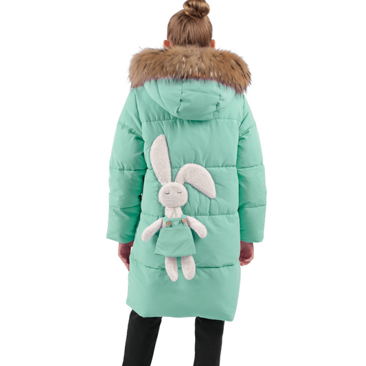 Anernuo Girls’ Winter Jacket with Natural Fur Hood & Bunny Back Design | Sizes 116–140 (5–10 Years) | Thinsulate Insulation | Fleece Lining | Knee-Length | Up to –35 °C