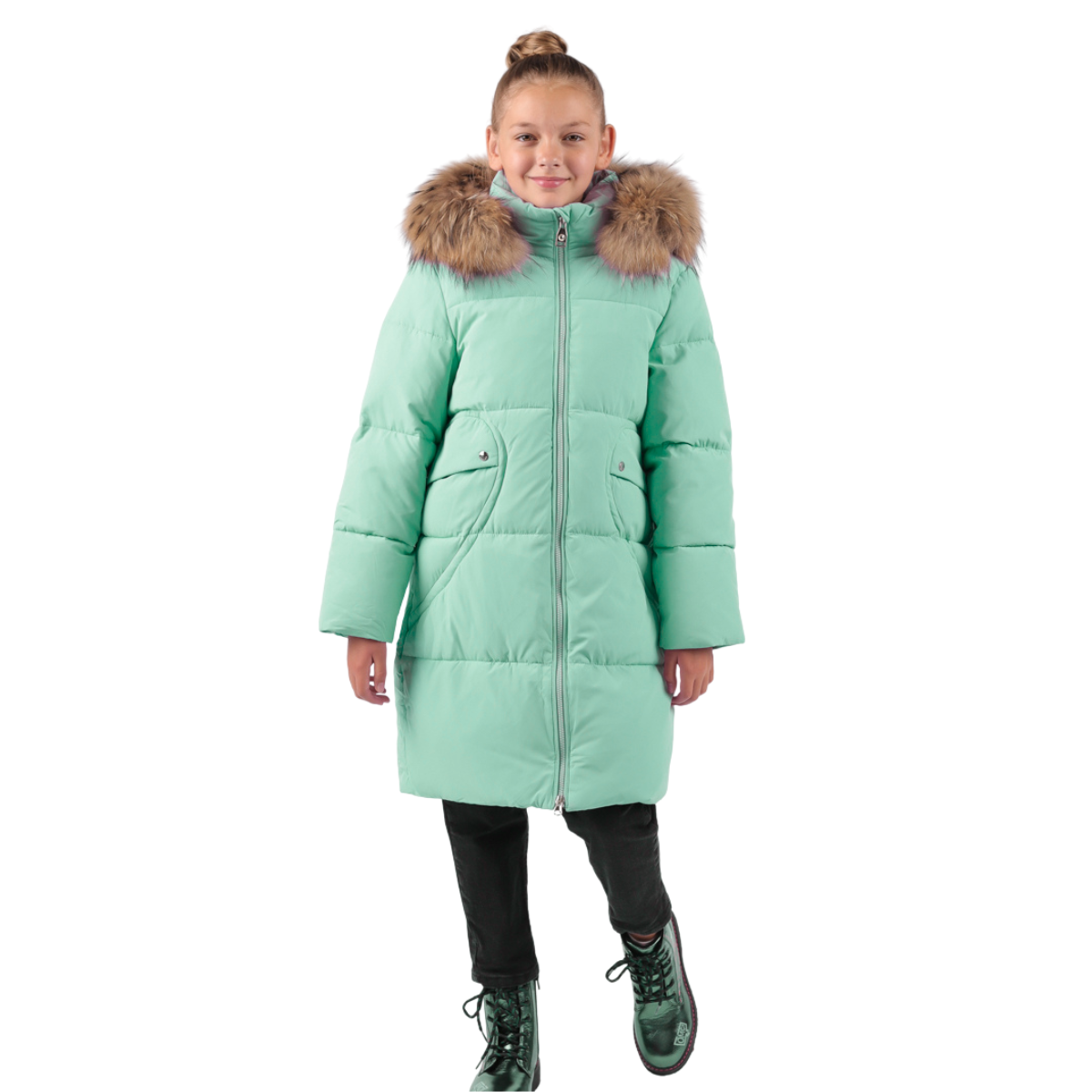 Anernuo Girls’ Winter Jacket with Natural Fur Hood & Bunny Back Design | Sizes 116–140 (5–10 Years) | Thinsulate Insulation | Fleece Lining | Knee-Length | Up to –35 °C