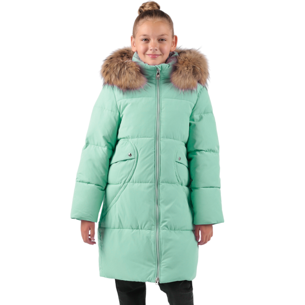 Anernuo Girls’ Winter Jacket with Natural Fur Hood & Bunny Back Design | Sizes 116–140 (5–10 Years) | Thinsulate Insulation | Fleece Lining | Knee-Length | Up to –35 °C