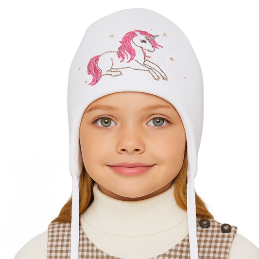 10803 Girls' Cotton Beanie with Pink Unicorn Embroidery ✨ 100% Cotton | Size 52–54 | Ages 3–5 | Spring & Autumn