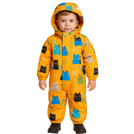 Unisex Waterproof & Windproof Mid-Season Overall with Cotton Lining – Cats Print | 0°C to +15°C (32°F to 59°F) | Sizes 80–98 cm (1–3 Y)