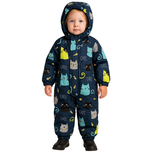 Unisex Waterproof & Windproof Mid-Season Overall with Cotton Lining – Cats Print | 0°C to +15°C (32°F to 59°F) | Sizes 80–98 cm (1–3 Y)