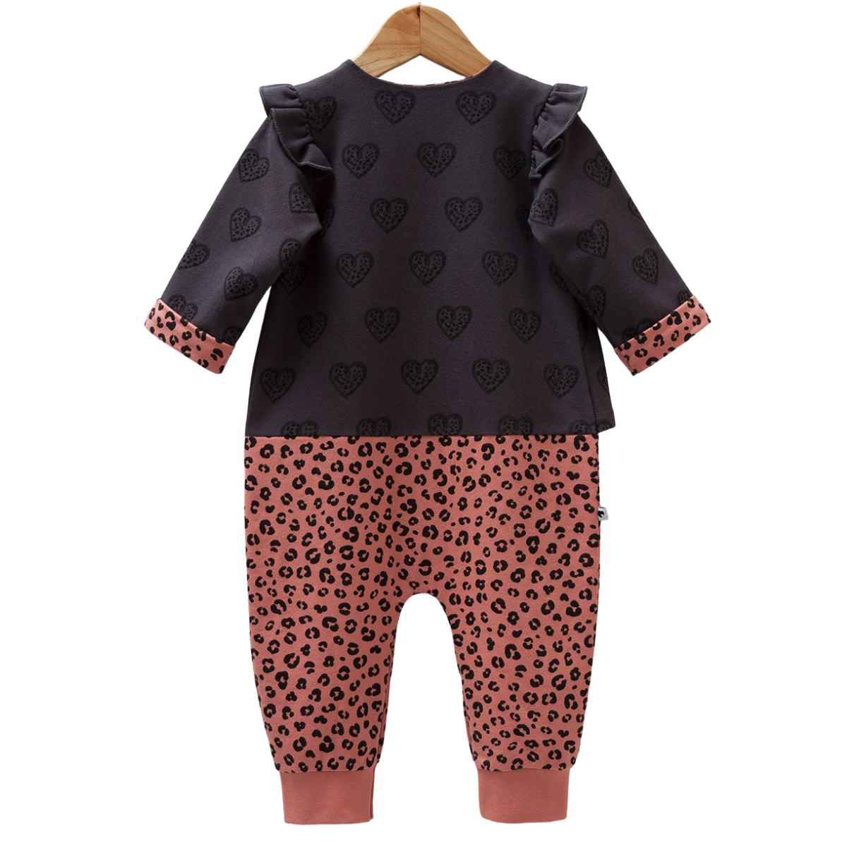 8278 Caramell Baby Girl Romper without Feet – Grey & Pink with Heart and Leopard Print | 100% Cotton, Thick Knit | Turkey | Sizes 62–74 cm
