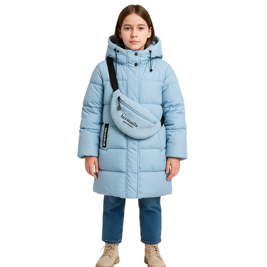 Anernuo Girls’ Winter Jacket with Plush Crossbody Bag | Sizes 122–170 cm (6–16 Years) | Thinsulate Insulation | Fleece Lining | Plush Trimmed Hood | Knee-Length | Up to –35 °C