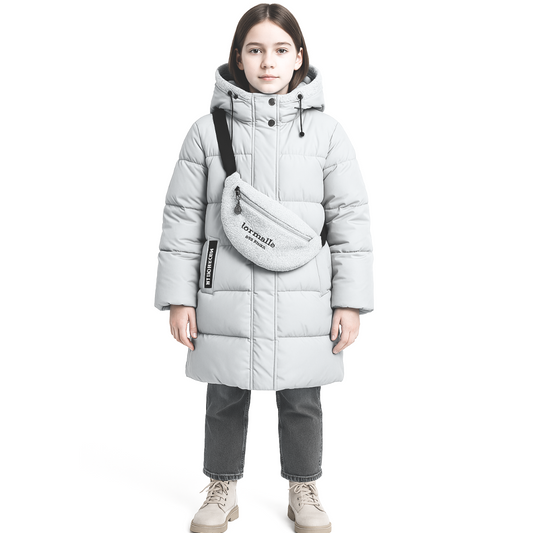 Anernuo Girls’ Winter Jacket with Plush Crossbody Bag | Sizes 122–170 cm (6–16 Years) | Thinsulate Insulation | Fleece Lining | Plush Trimmed Hood | Knee-Length | Up to –35 °C